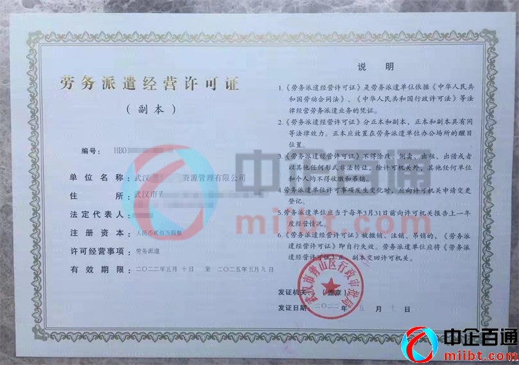武漢2022年5月勞務派遣許可證樣例
