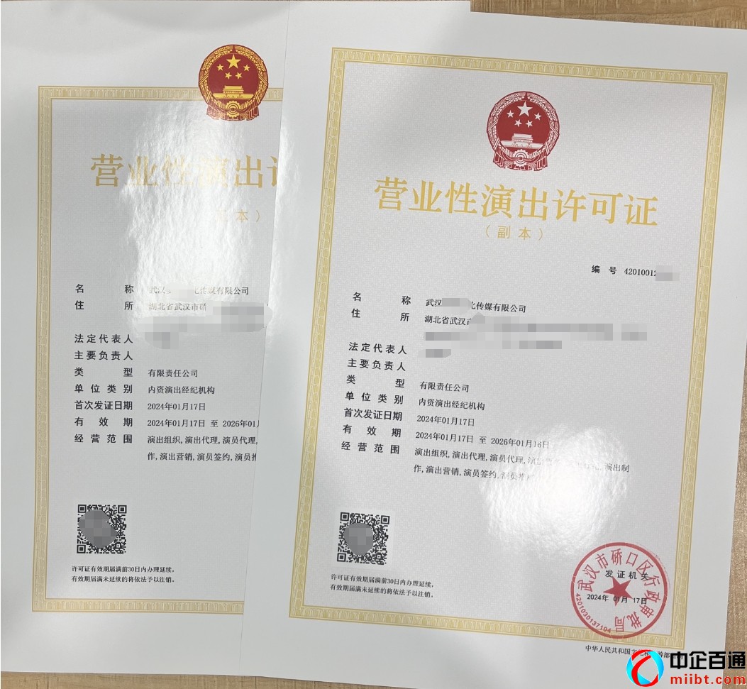 武漢營業(yè)性演出經(jīng)營許可證樣例（2024年1月下證）